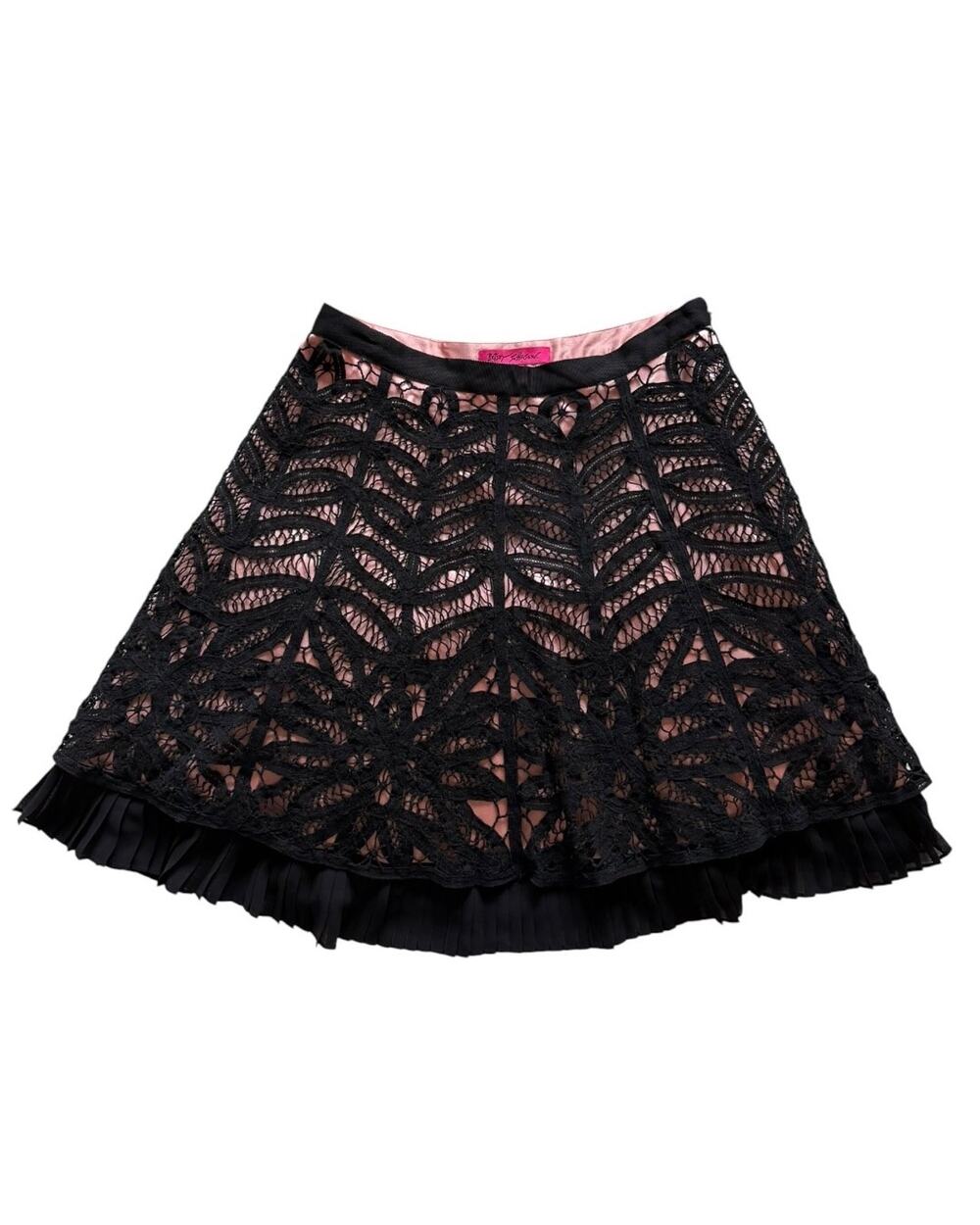 Vtg Y2K Betsey Johnson Pink Label Black Guipure Lace Pink Satin Ruffle Skirt 0